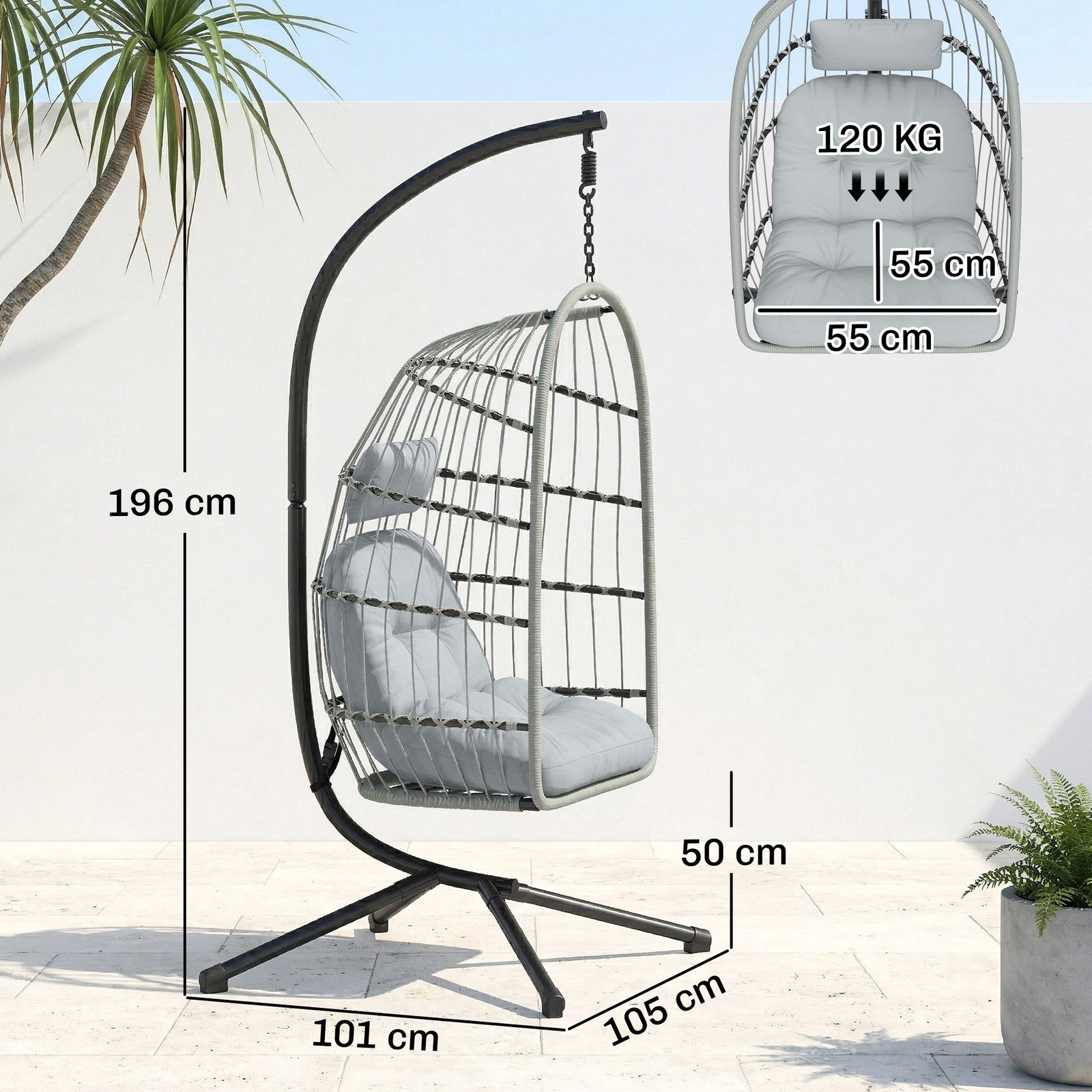 Outsunny Hanging Egg Chair, Indoor Outdoor Hammock Swing Chair with Stand, Safety Strap, Foldable Basket, Light Grey