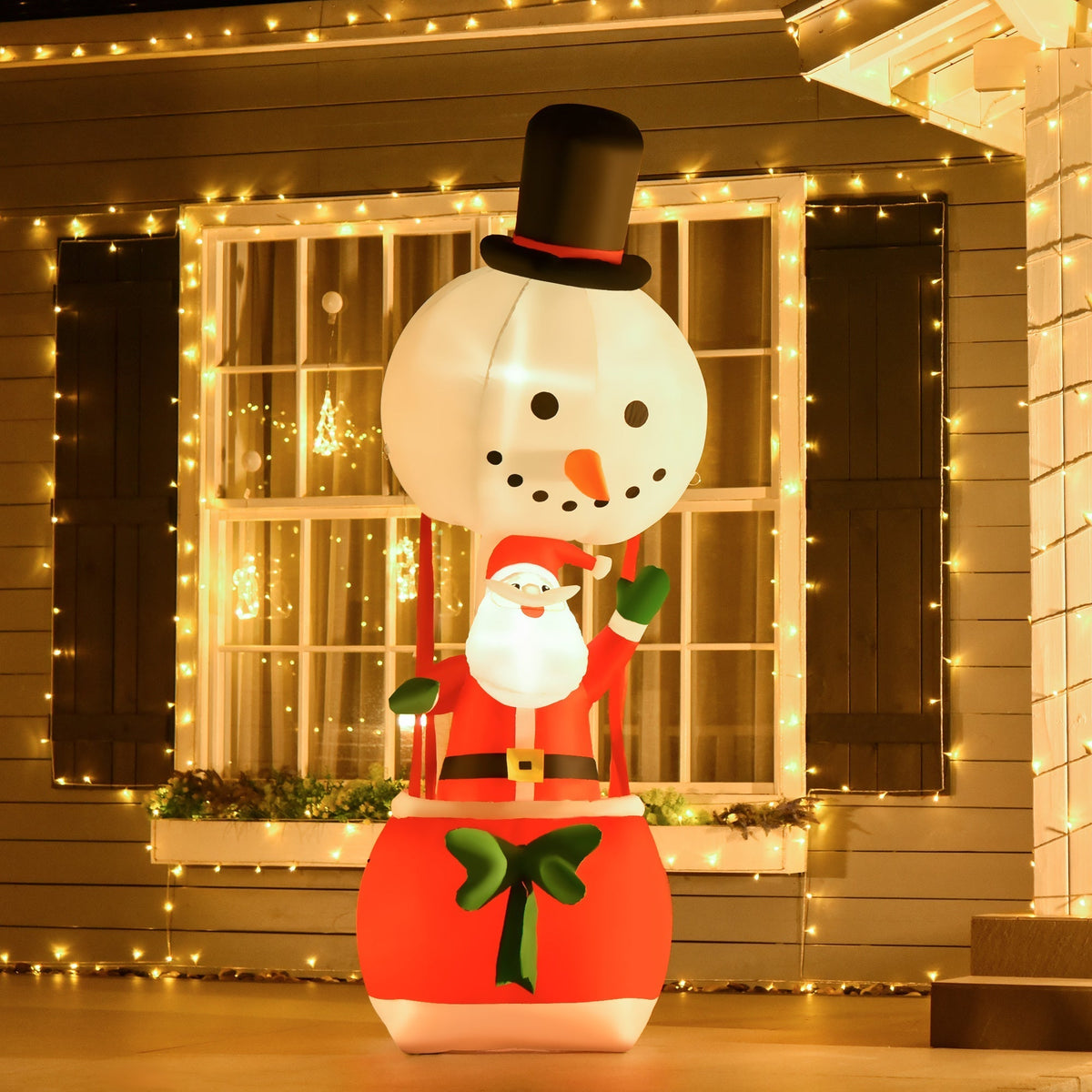 HOMCOM 8ft Christmas Inflatable Decoration with Santa Claus on Snowman Hot Air Balloon, Blow Up Xmas Decor for Outdoor Indoor with LED Lights
