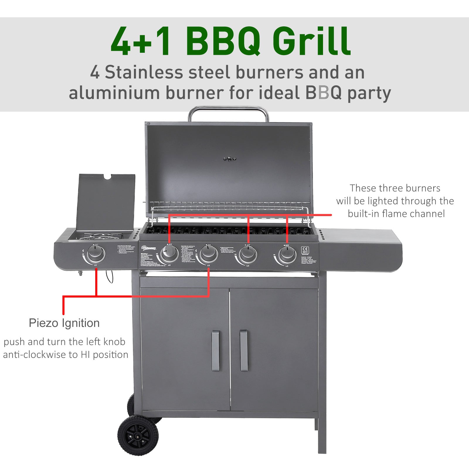 Outsunny 4+1 Burner Gas BBQ Grill, Outdoor Barbecue Trolley with Wheels, Warming Rack, Side Shelves, Cabinet, Thermometer for Garden, Party, Camping, 125L x 51W x 100Hcm, Grey