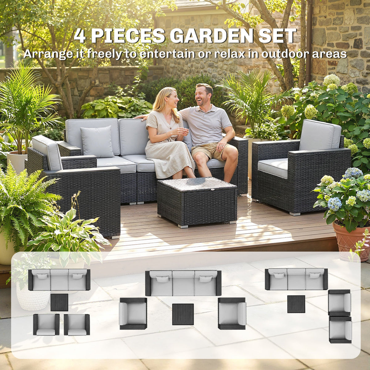 Outsunny 5 Seater Rattan Garden Furniture Set with Wide Armrests, Cushions, Pillows for Patio, Dark Grey