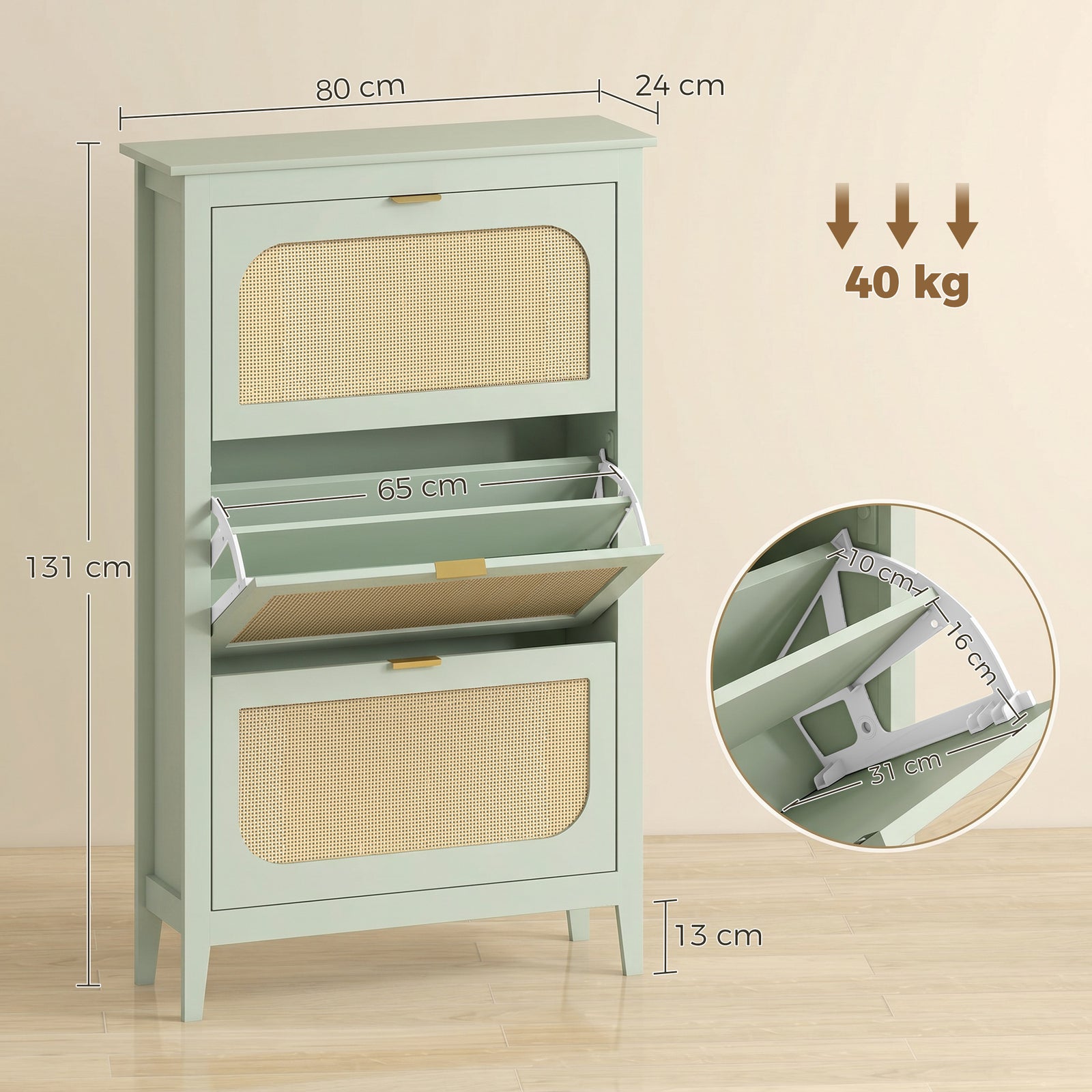 HOMCOM Narrow Shoe Cabinet, Boho Slim Shoe Storage Cabinet with 3 Flip Drawers, Holds 21 Pairs, Light Green