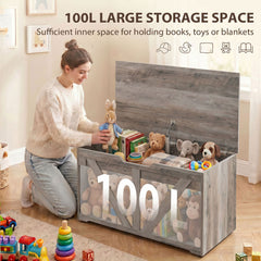 HOMCOM 100L Home Storage Box, with Safety Hinge - Grey Wood-Effect
