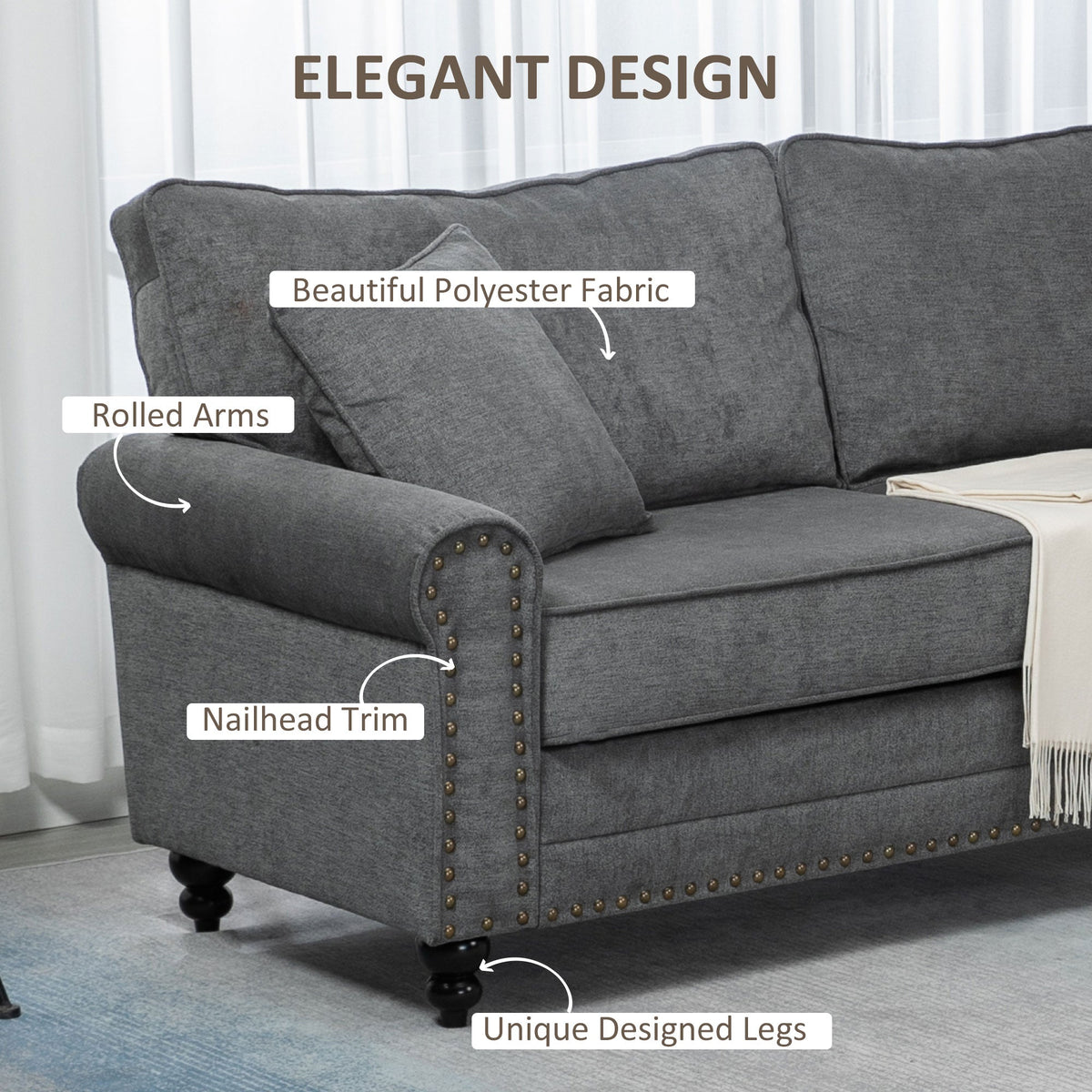 HOMCOM 196cm 3 Seater Sofa, Fabric Sofa with Rubber Wood Legs, Nailhead Trim, 2 Pillows, Small Upholstered Couch Settee for Living Room, Guest Room, Grey