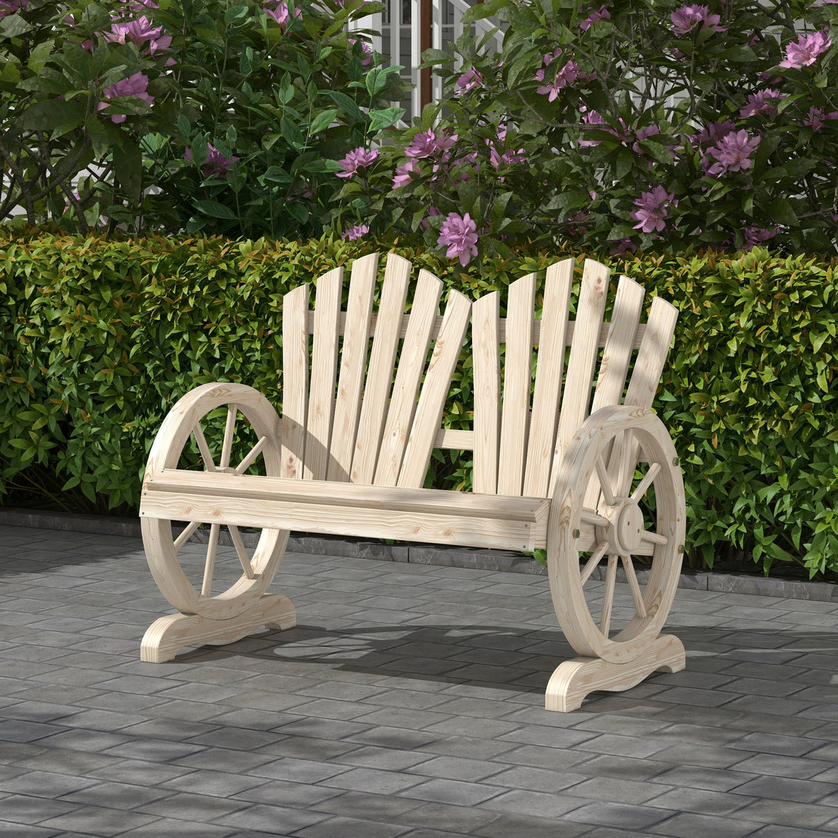 Outsunny Fir Wood Love Seats with Wheel-Shaped Armrests, Large Load-Bearing Chair, Natural Wood Finish - product image 2