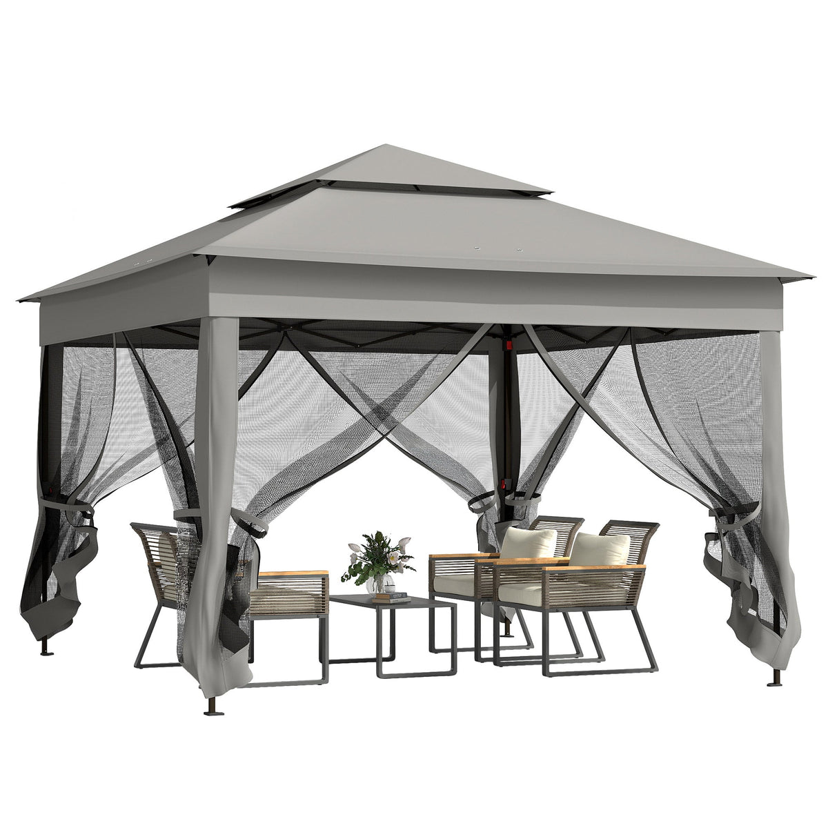 Outsunny 3 x 3(m) Pop Up Gazebo, Double-roof Garden Tent with Netting and Carry Bag, Party Event Shelter for Outdoor Patio, Dark Grey