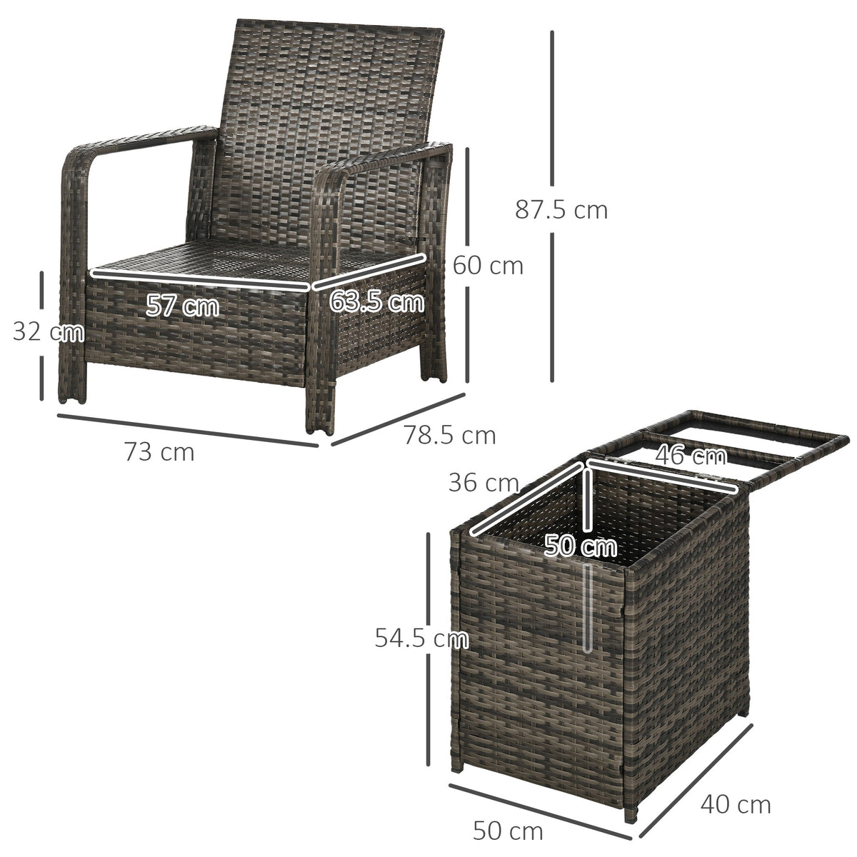 Outsunny 3 Pieces Rattan Bistro Set, Wicker Garden Furniture Set with Storage Coffee Table and Chairs, Thickened Cushions for Outdoor, Patio, Balcony, Grey