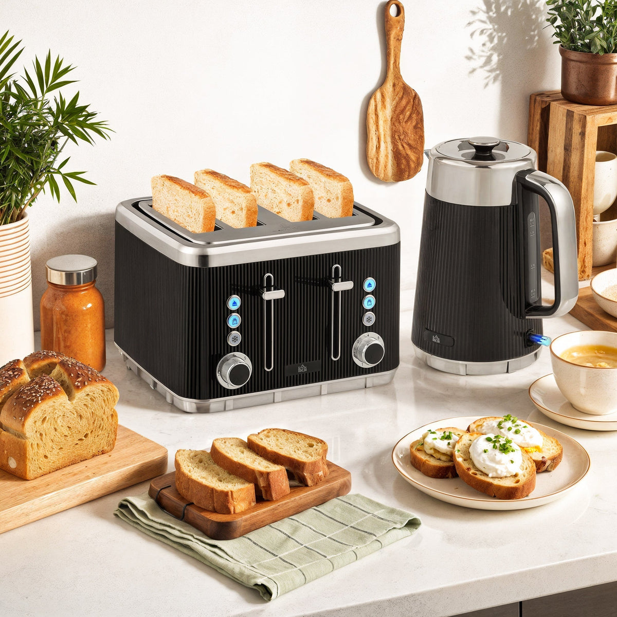 HOMCOM Electric Stainless Steel Kettle and Toaster Set, 3000W 1.7L UK Strix Thermostat Fast Boil Kettle w/ Limescale Filter, Cool Touch Body, 4 Slice Toaster with 7 Browning Levels, Crumb Tray, Black