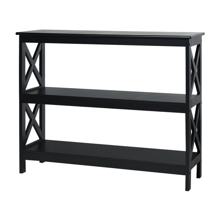 Industrial 3-Tier Console Table with Storage Shelf in black, a three-shelf unit with X-shaped sides