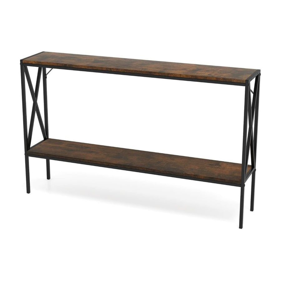 Industrial Console Table a narrow two-tier sofa table with rustic brown wood effect shelves and black metal frame