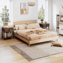Rustic brown industrial nightstands in a bedroom setting next to a bed