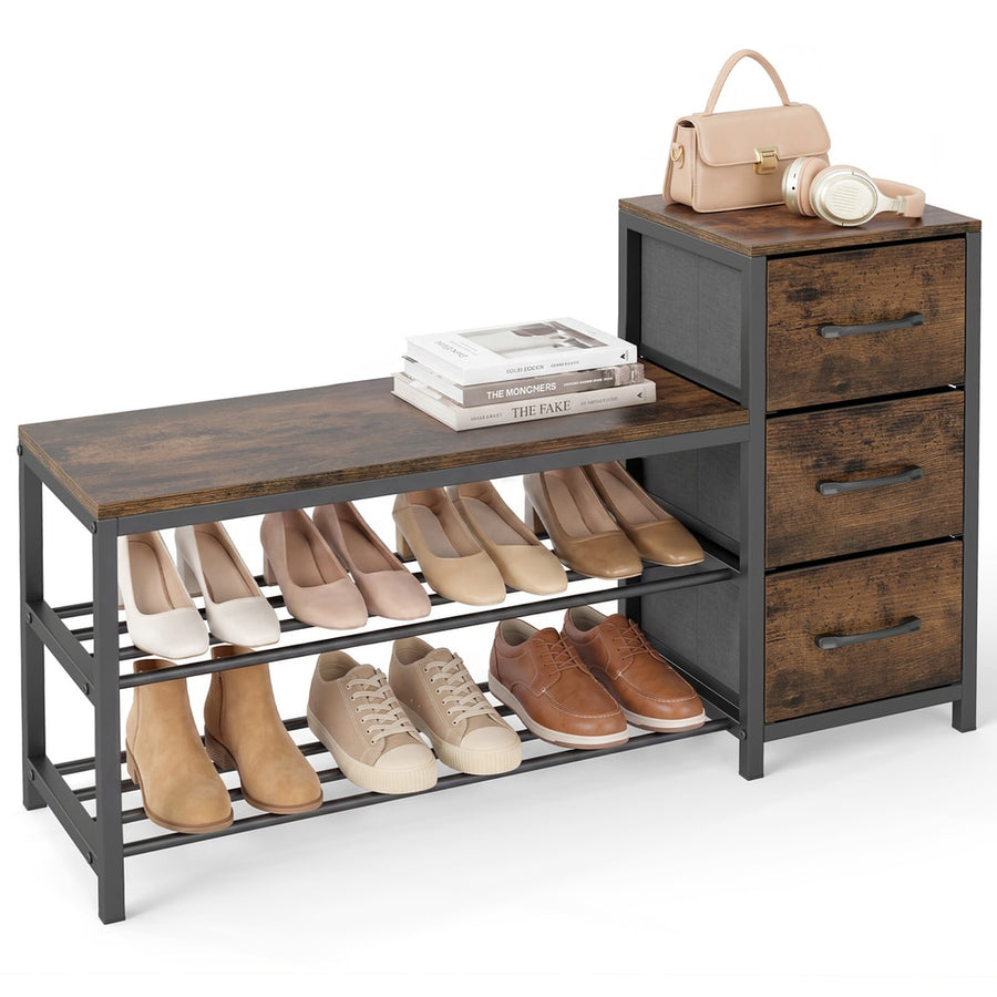 Industrial Shoe Bench with three shelves and three drawers in rustic brown finish
