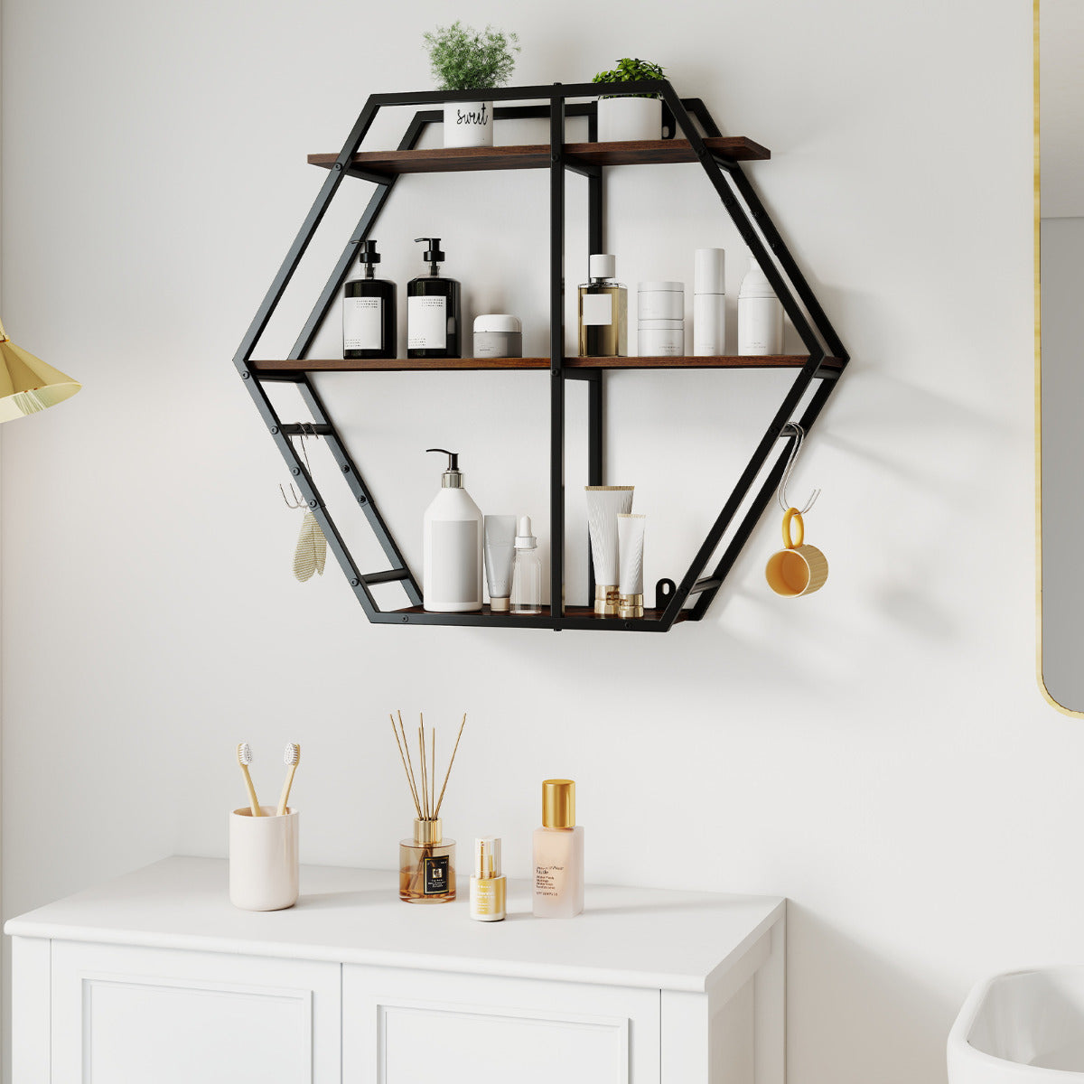 Industrial Hexagon Shelves for Wall 3-Tier Decorative Floating Wall Shelves with Hooks-Rustic Brown