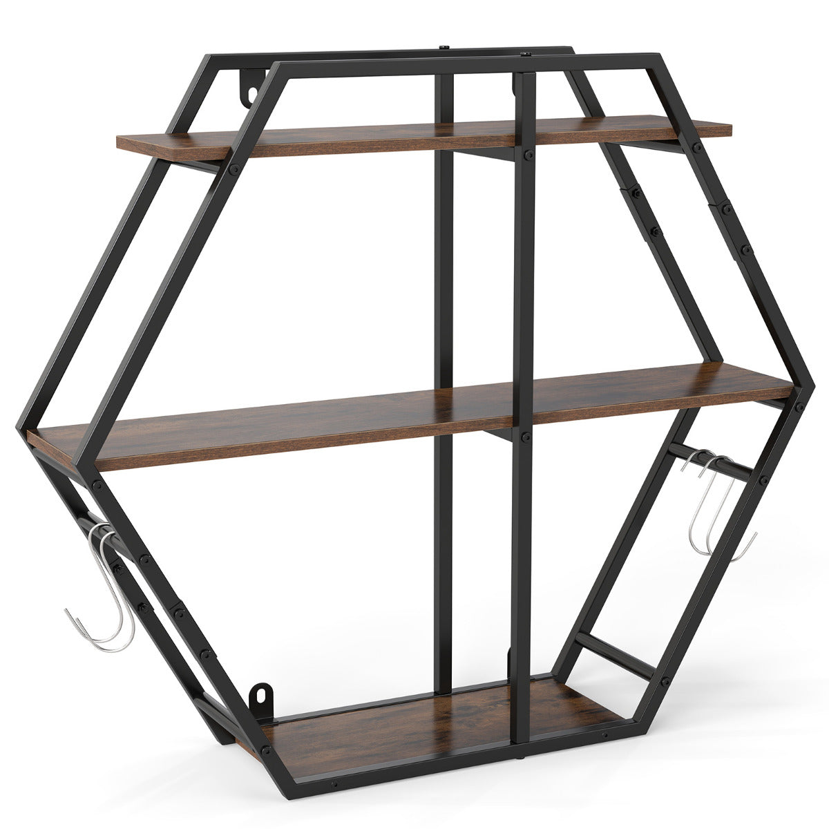 Industrial Hexagon Shelves for Wall 3-Tier Decorative Floating Wall Shelves with Hooks-Rustic Brown