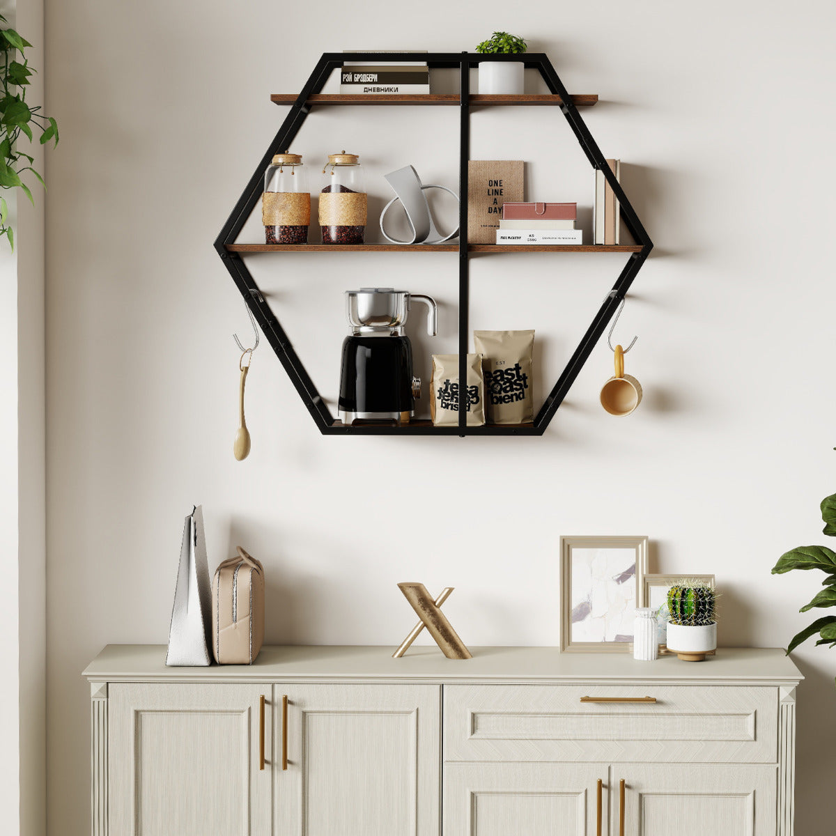 Industrial Hexagon Shelves for Wall 3-Tier Decorative Floating Wall Shelves with Hooks-Rustic Brown