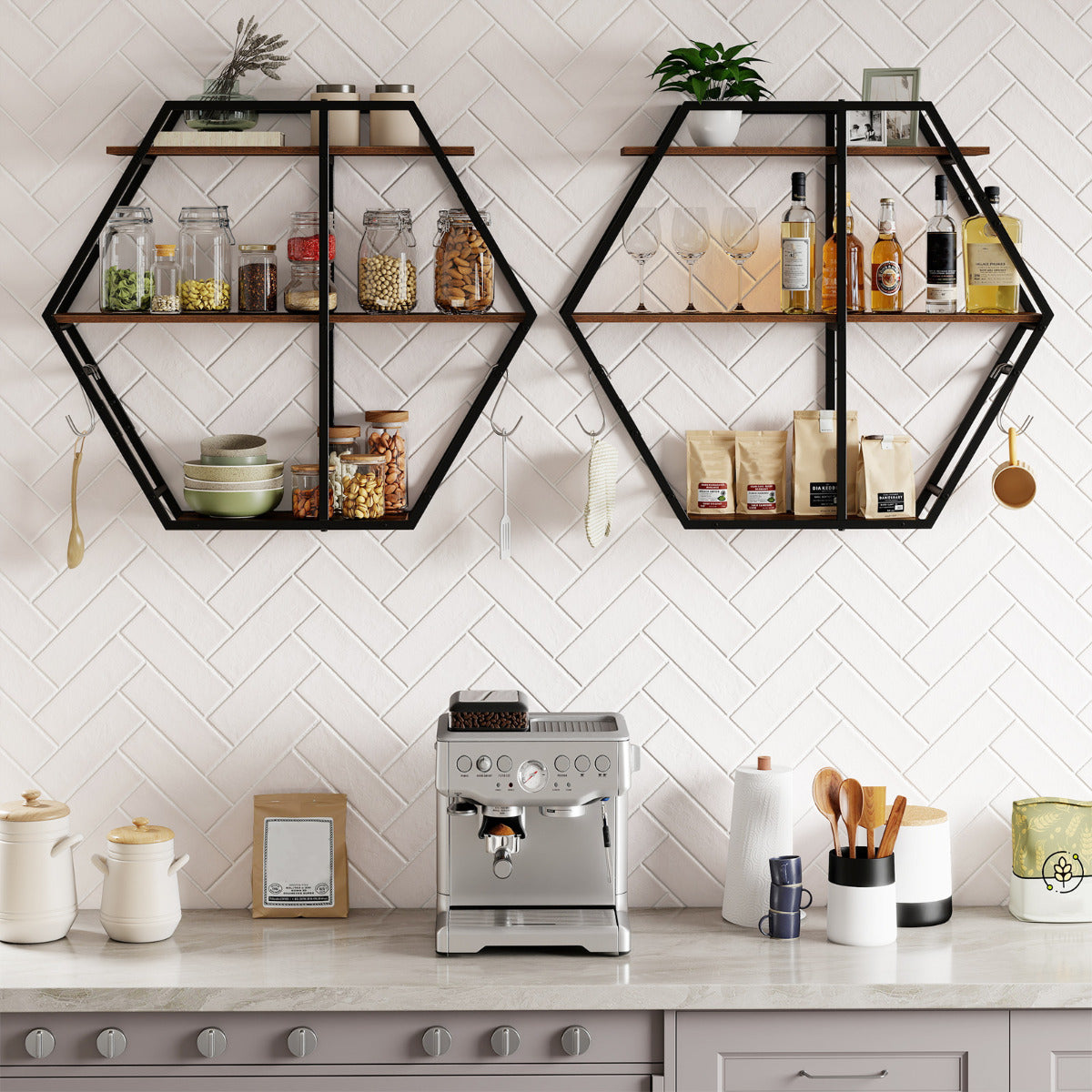 Industrial Hexagon Shelves for Wall 3-Tier Decorative Floating Wall Shelves with Hooks-Rustic Brown