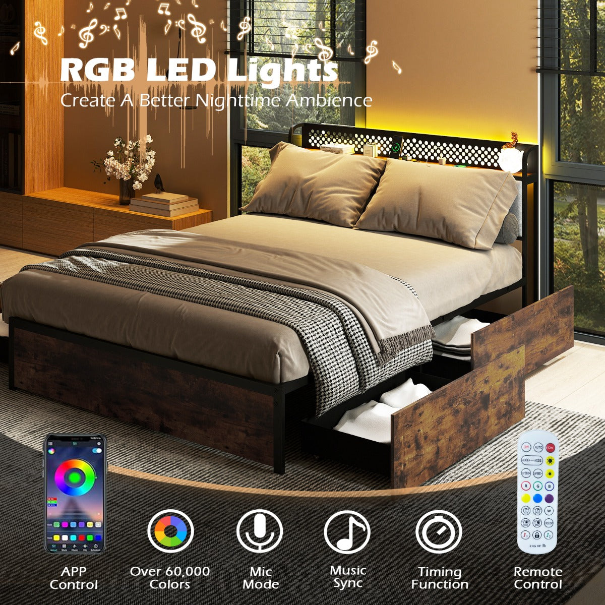 Industrial Metal Platform Bed with LED Lights and USB Power Outlets -King Size