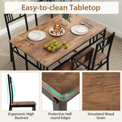 Industrial-Style Kitchen Table and 4 Chairs with Wood Like Tabletop and Metal Frame-Brown