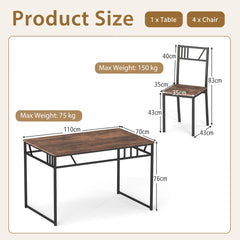 Industrial-Style Kitchen Table and 4 Chairs with Wood Like Tabletop and Metal Frame-Brown