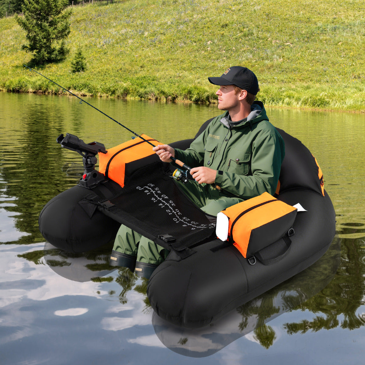 Inflatable Float Tube Fishing River Float with Adjustable Fishing Rod Holder-Orange