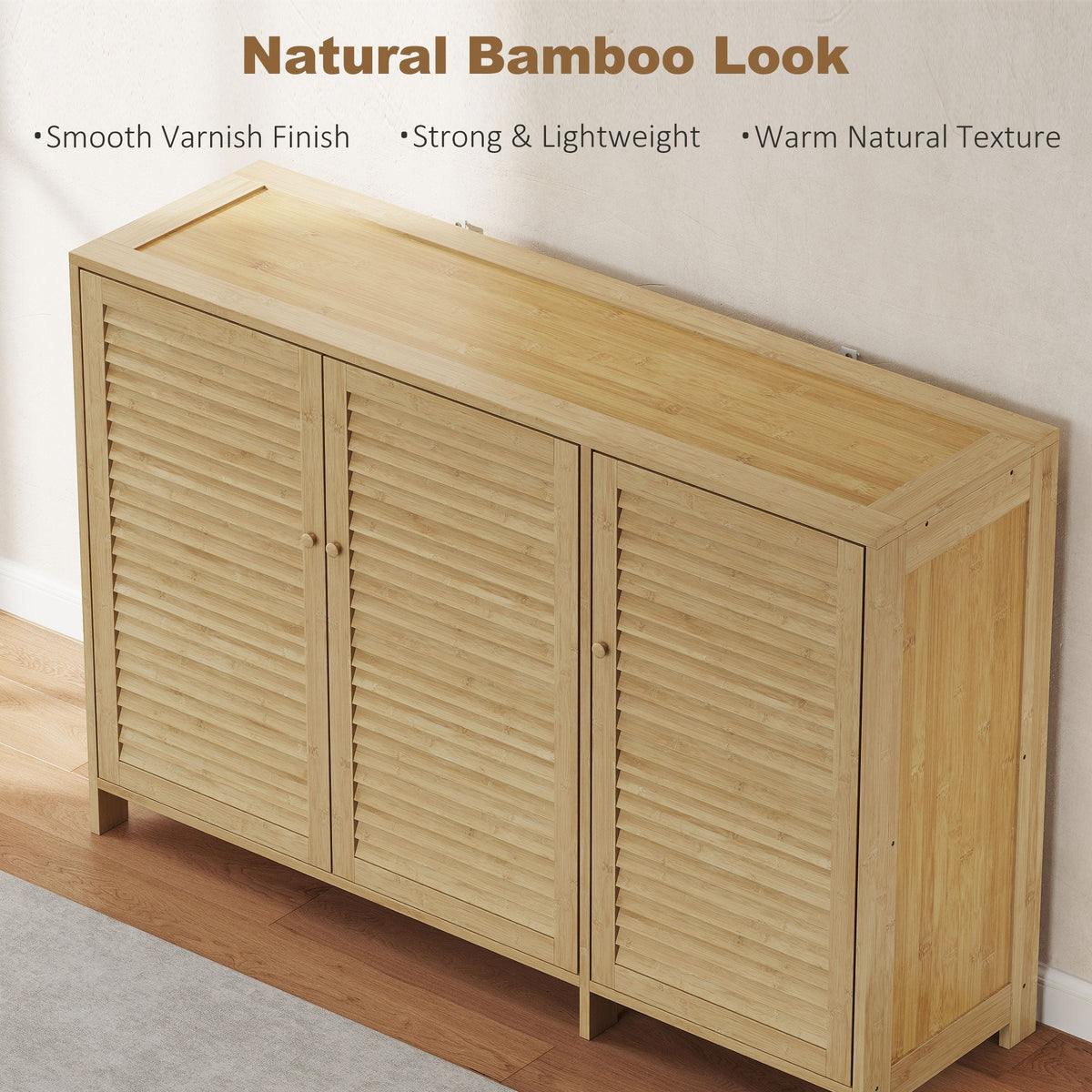 HOMCOM Bamboo Shoe Cabinet with Louvered Doors, 18 Pairs Shoe Storage Cabinet with Adjustable Shelves for Hallway, Natural
