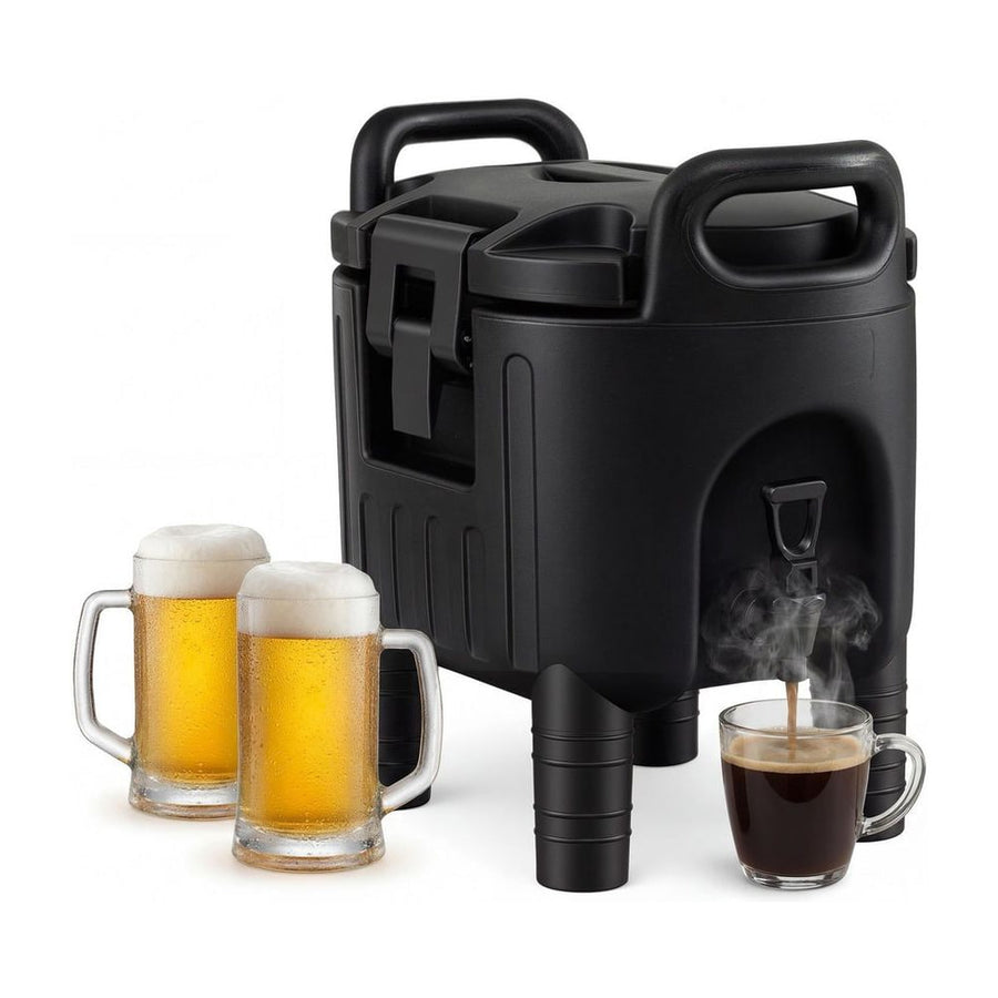 Insulated Beverage Dispenser with Handles and Two-Stage Faucet in black, dispensing coffee into a mug next to two beer mugs