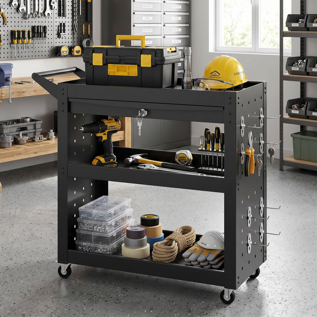 HOMCOM Tool Cart with Lockable Wheels, Rolling Workshop Cart with 3-Tier Trays, Drawer, Pegboards, Black - product image 2