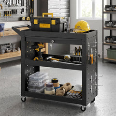 HOMCOM Tool Cart with Lockable Wheels, Rolling Workshop Cart with 3-Tier Trays, Drawer, Pegboards, Black - product image 2