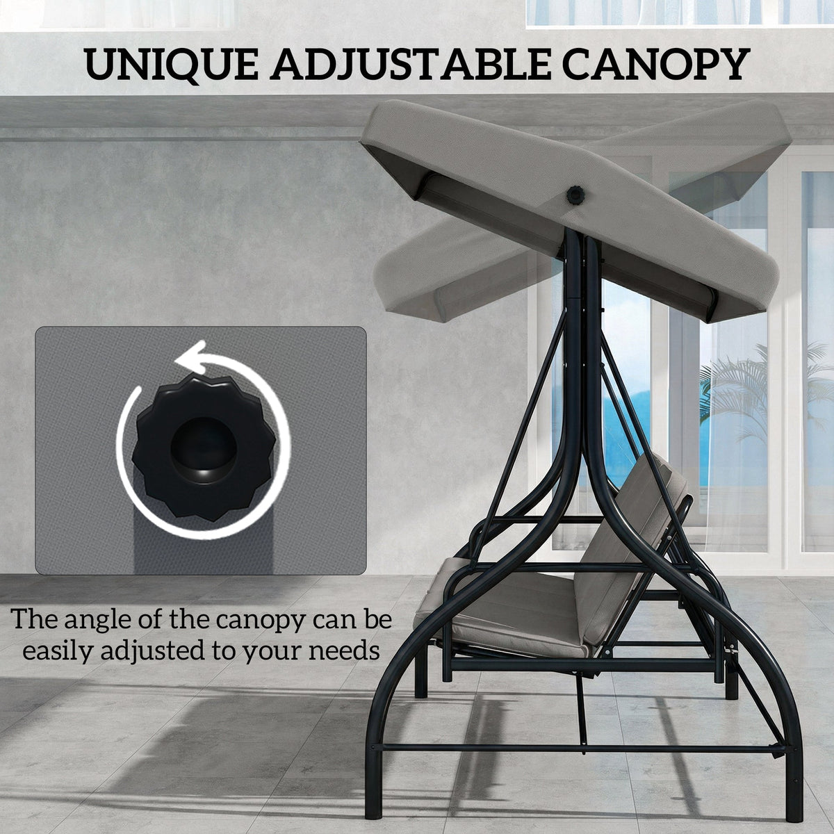 Outsunny 3 Seater Canopy Swing Chair, 2 in 1 Garden Swing Seat Bed, with Adjustable Canopy and Metal Frame, Light Grey