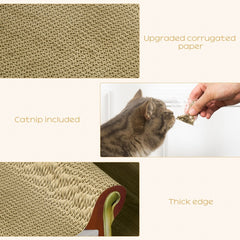 Close up of the corrugated cardboard texture and a hand offering catnip to a cat