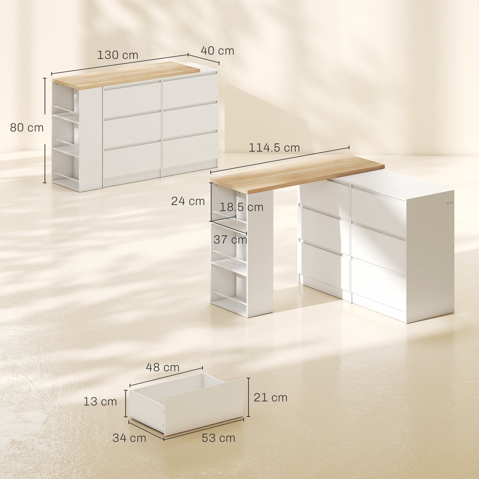 HOMCOM Vanity Table, Dressing Table with 6 Drawers and 3-Tier Shelf for Women and Girls, White