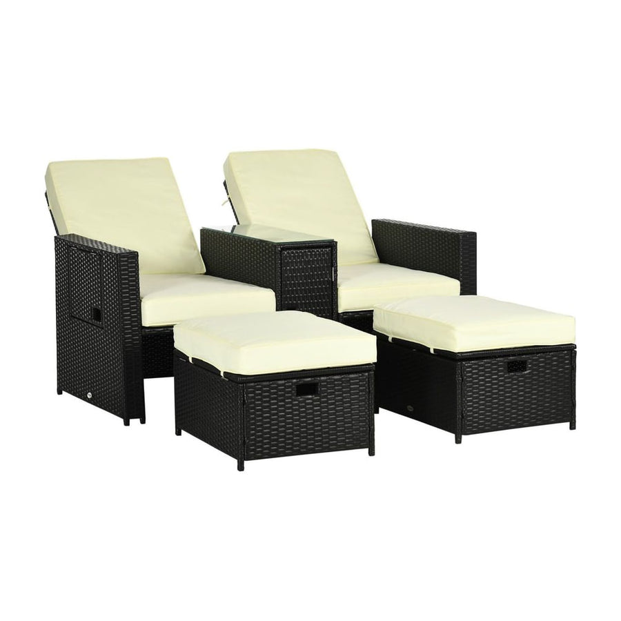 Outsunny 5PC PE Rattan Sun Lounger, Outdoor Wicker 5-level Adjustable Recliner Sofa Bed with Storage Side Table and
