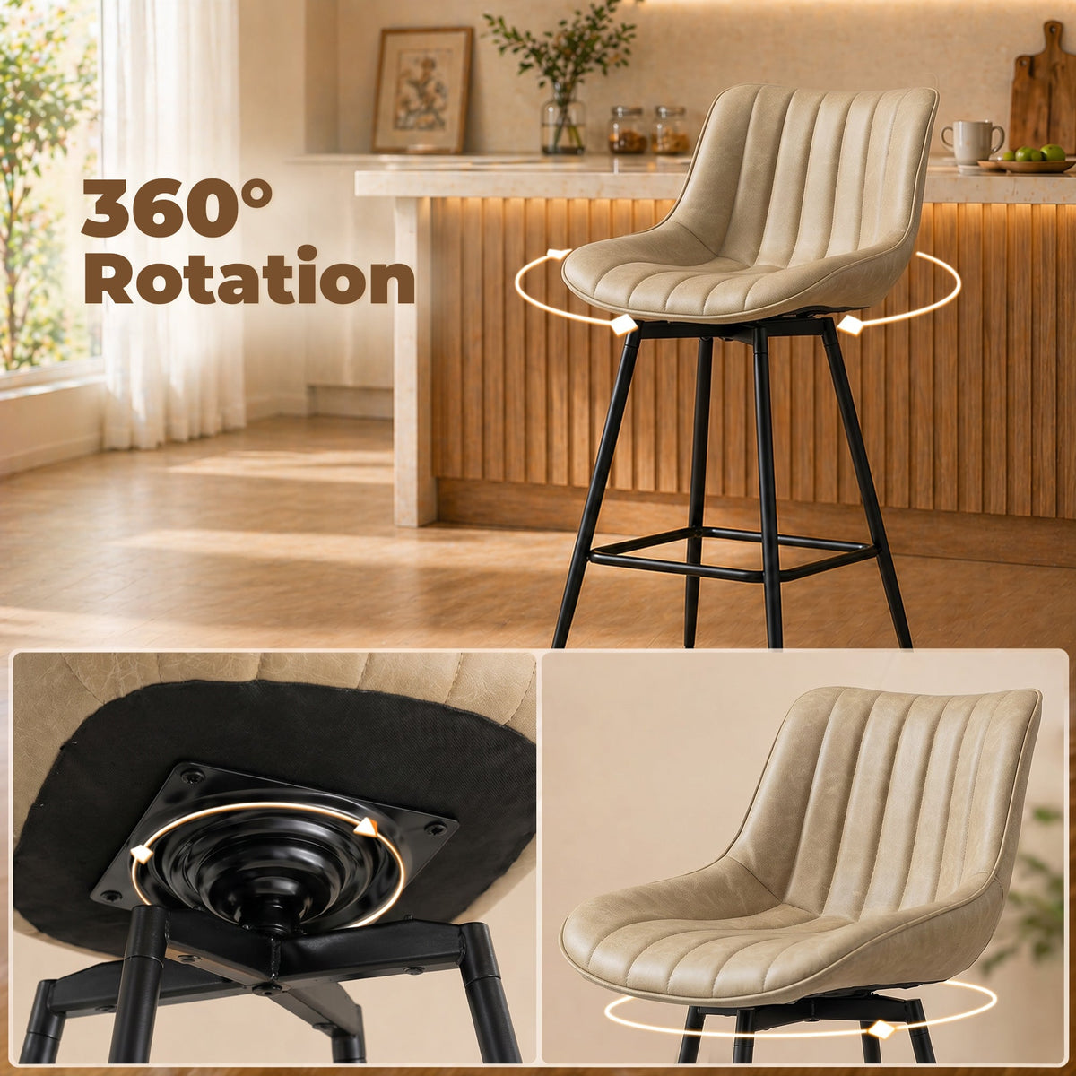 HOMCOM Set of 2 PU Leather Swivel Bar Stools - Light Brown