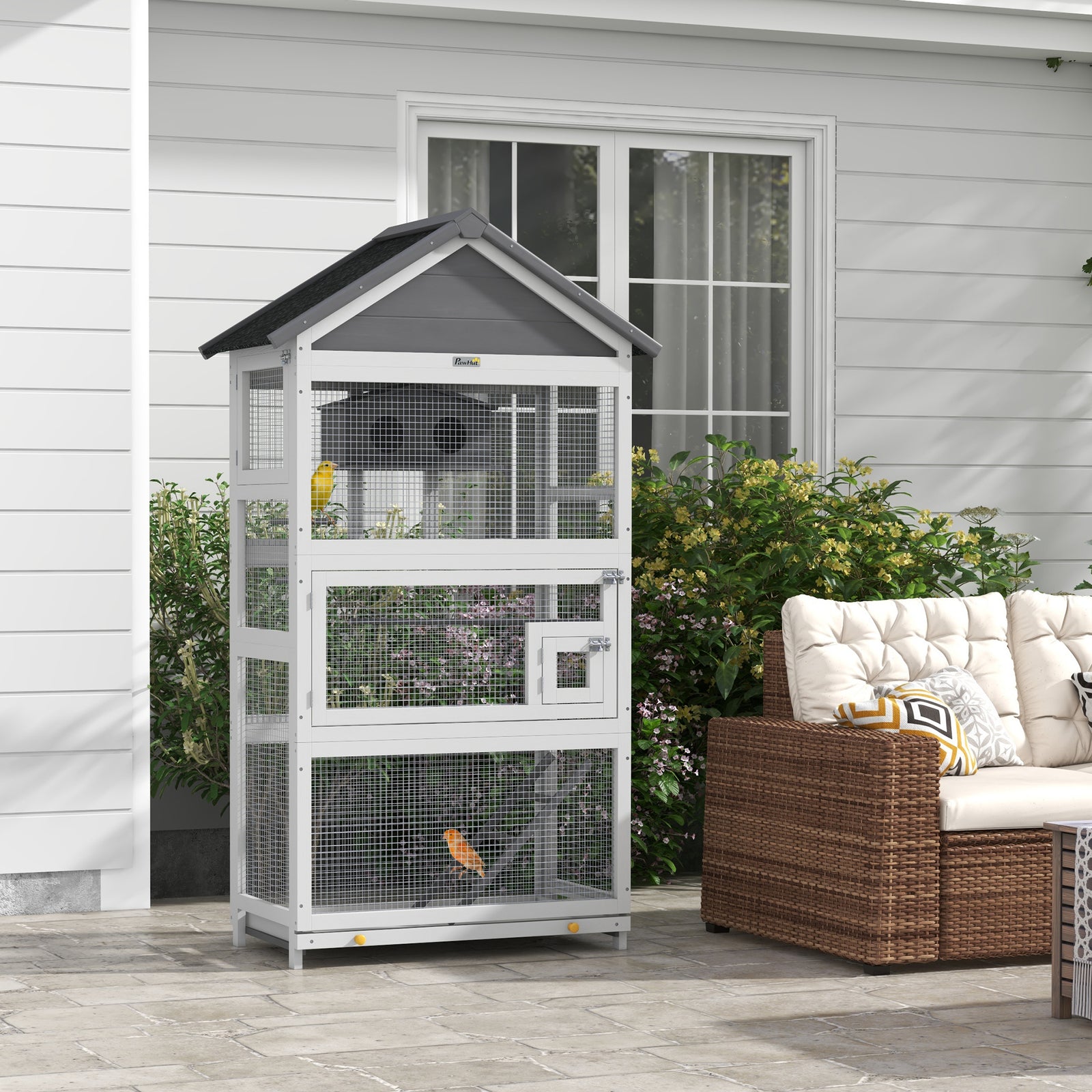 PawHut Wooden Bird Cage, with Stand, for Finches, Parakeets, Small birds - Grey