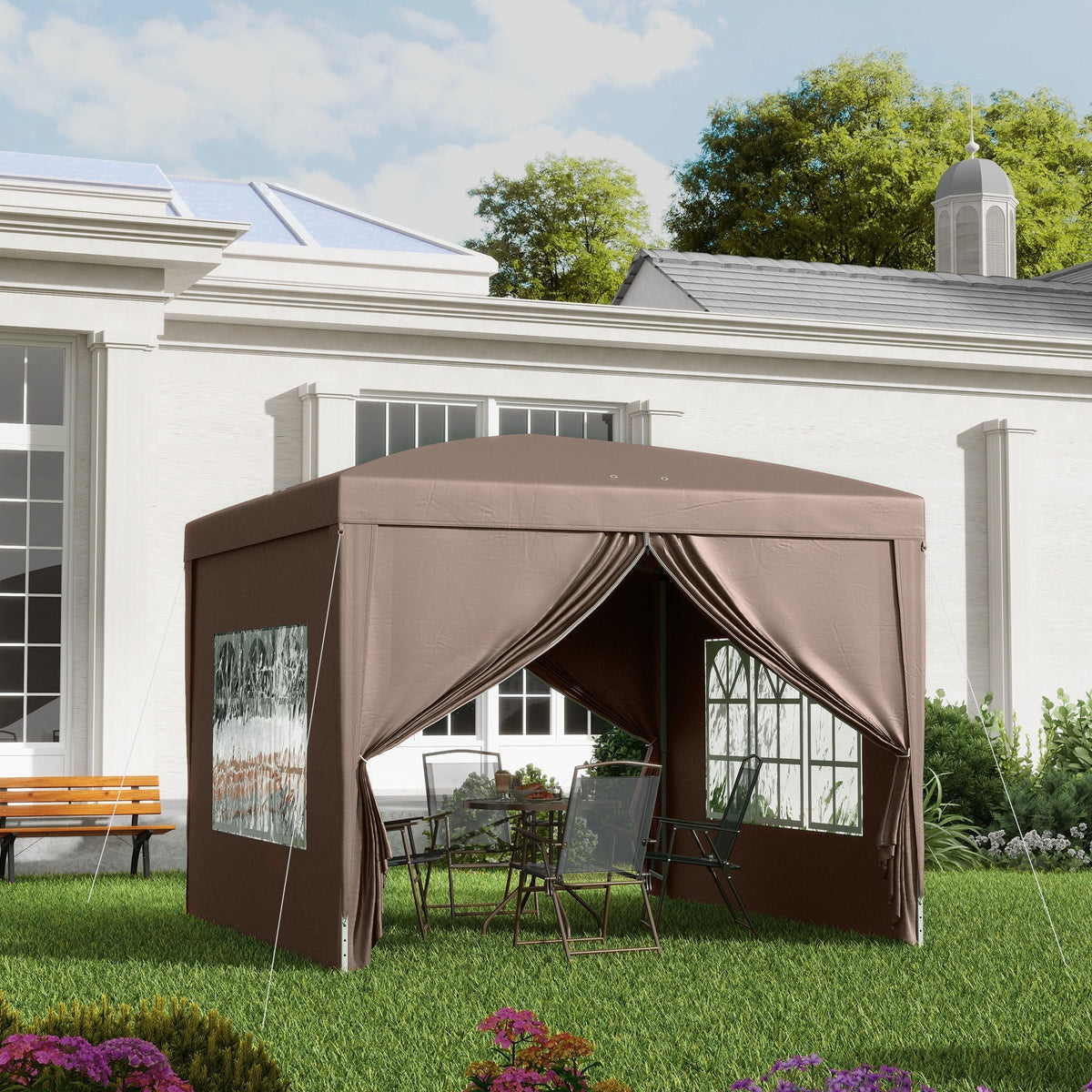Outsunny 3 x 3 m Pop Up Gazebo, Wedding Party Canopy Tent Marquee with Carry Bag and Windows, Coffee