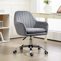 HOMCOM Office Chair, Swivel Desk Chair, Velvet-Feel Fabric Vanity Chair with Adjustable Height and Rolling Wheels for Home Work Study, Grey