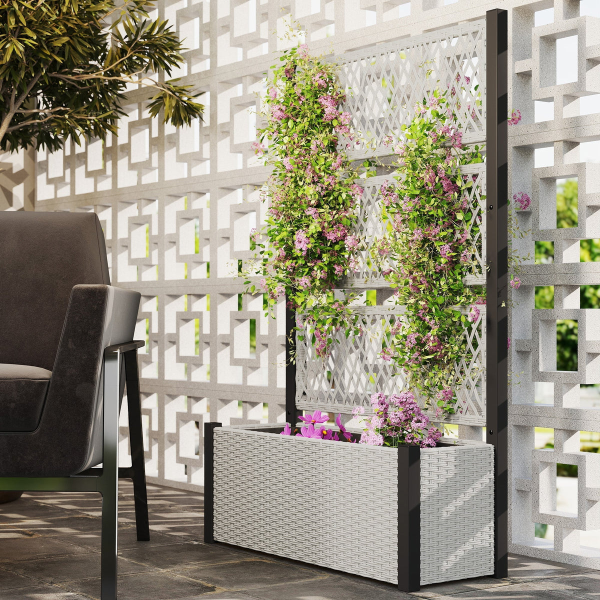 Outsunny Garden Planter Box with Trellis, Liner for Climbing Plants, Vegetables, Flowers, 90 x 35 x 148 cm, Mixed-grey