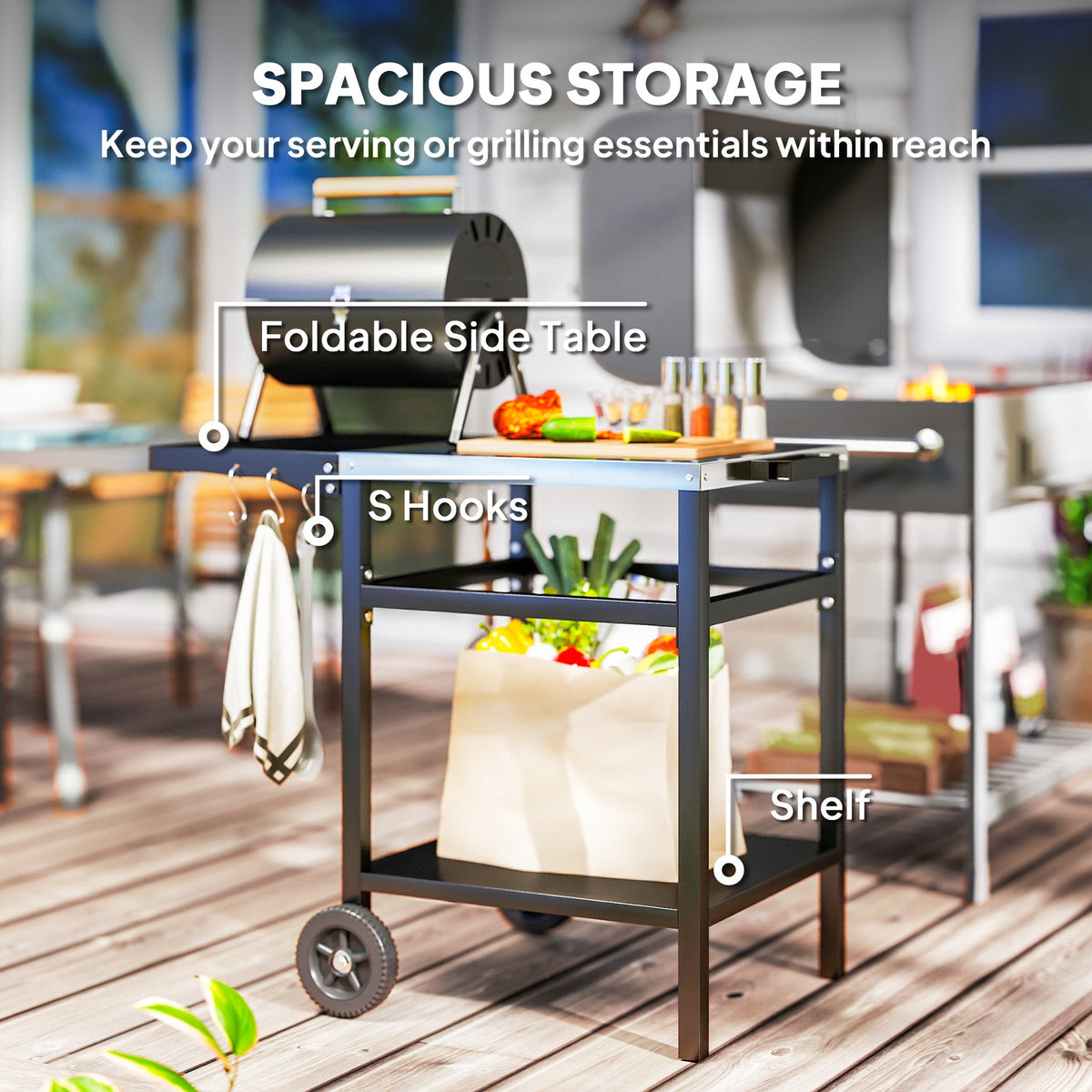 Outsunny BBQ Trolley with Stainless Steel Top and Foldable Side Table, Outdoor Kitchen Barbecue Station with Hooks and Shelf, Pizza Oven Table Movable Outdoor Grill Dining Cart with Cover, Black