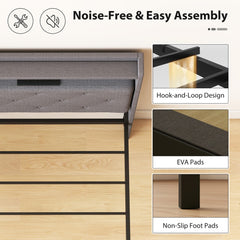 Upholstered single size bed frame parts and assembly details