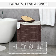 HOMCOM 100L Bamboo Laundry Basket with Lid, Washing Basket with 2 Compartments, Handles, Removable Liner, Brown