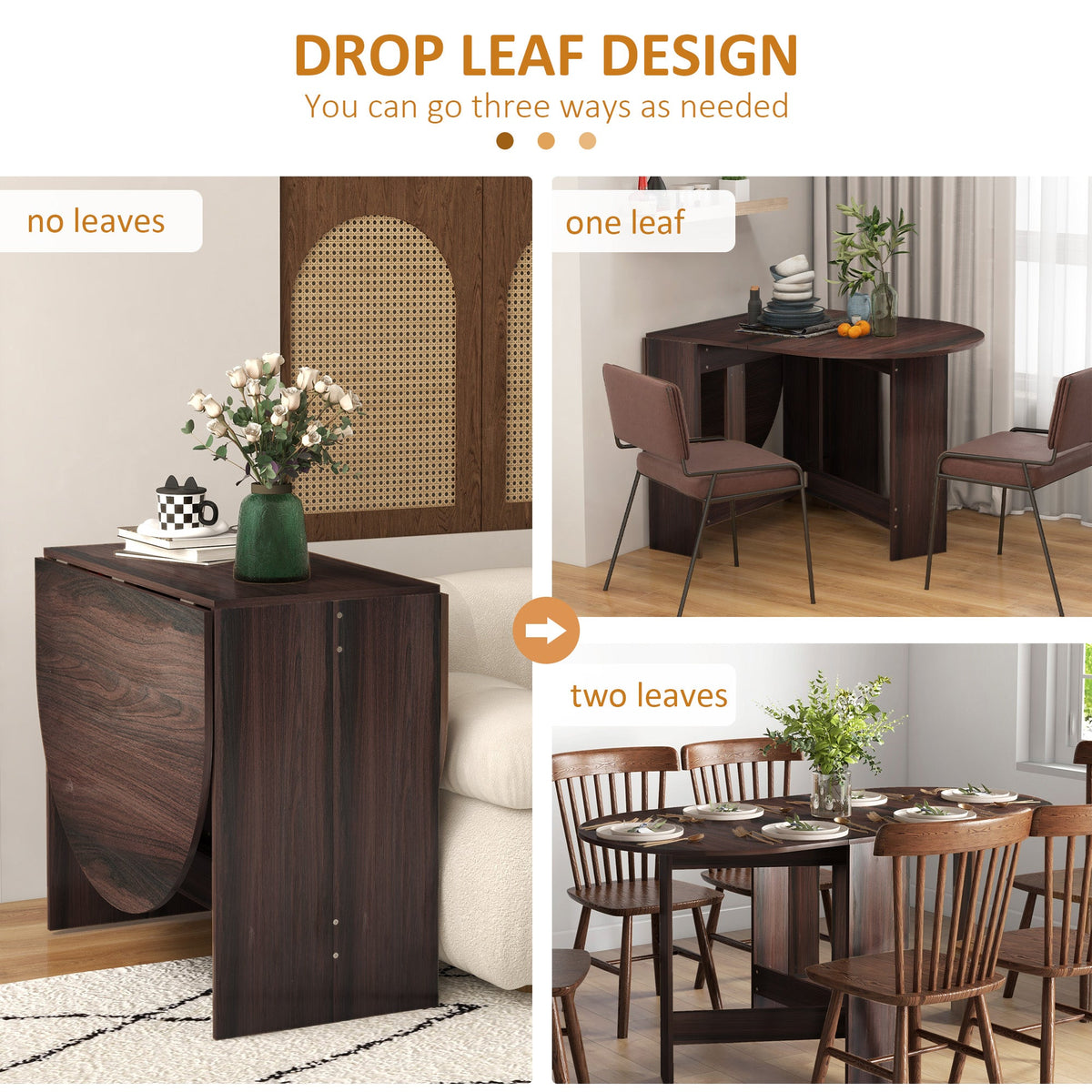 HOMCOM Folding Dining Table, Drop Leaf Table for Small Spaces, Oval Tabletop for Dining Room, Chocolate Wood Effect - product