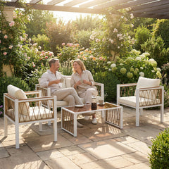 Outsunny 4 Piece Rattan Garden Furniture Set with Loveseat, 2 Armchairs, Table, Metal Frame Patio Conversation Set, Cream White