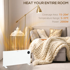 The electric convector heater shown in a room with text about coverage area and power