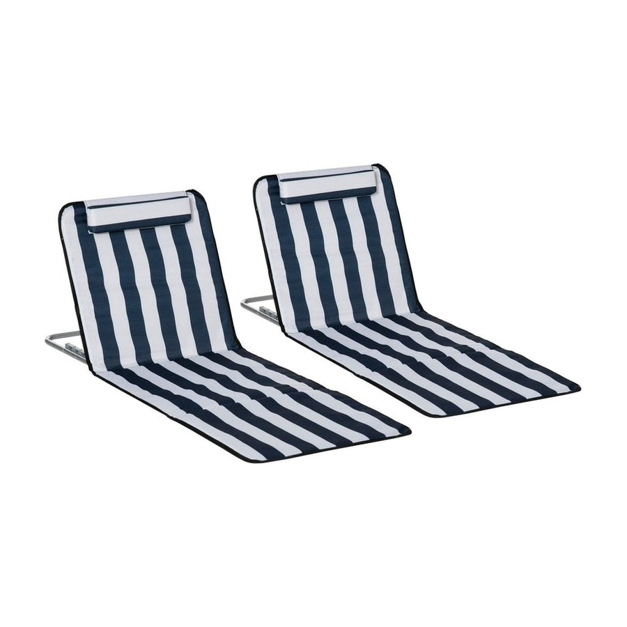 Outsunny Set of 2 Foldable Garden Beach Chair Mat in blue and white stripes with head pillows