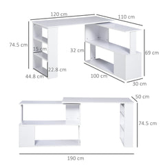 HOMCOM Corner Computer Desk, L Shaped Desk with 360 degrees Rotating Bookshelf, 120L x 110W x 74.5H cm, White