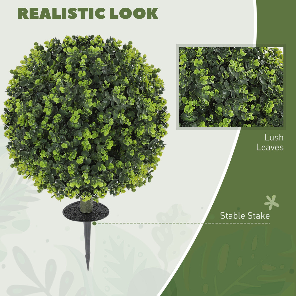 HOMCOM Set of 2 40 cm Artificial Boxwood Topiary Ball Bush with Integrated Ground Stake, Eucalyptus Leaves, Indoor Outdoor UV Resistant Faux Greenery, Faux Plants for Garden, Porch, Balcony