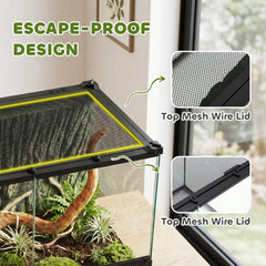 PawHut Reptile Glass Terrarium with Stone Background, Front Ventilation, Escape-Proof Knob Lock, 50 x 30 x 35 cm, Black