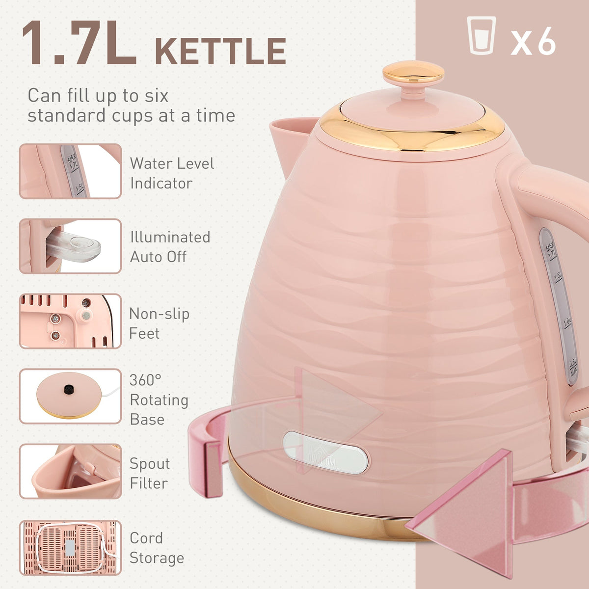 HOMCOM 3000W 1.7L Kettle & 4 Slice Toaster, Kettle and Toaster Set with 7 Browning Controls and Crumb Tray, Light Pink