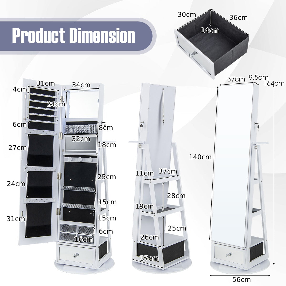 360° Swivel Lockable Jewelry Armoire Cabinet with Full-Length Mirror-White