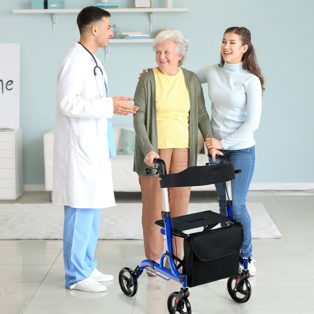 2 in 1 Walker Aluminium Mobility Walking Aid with Seat Adjustable-Blue