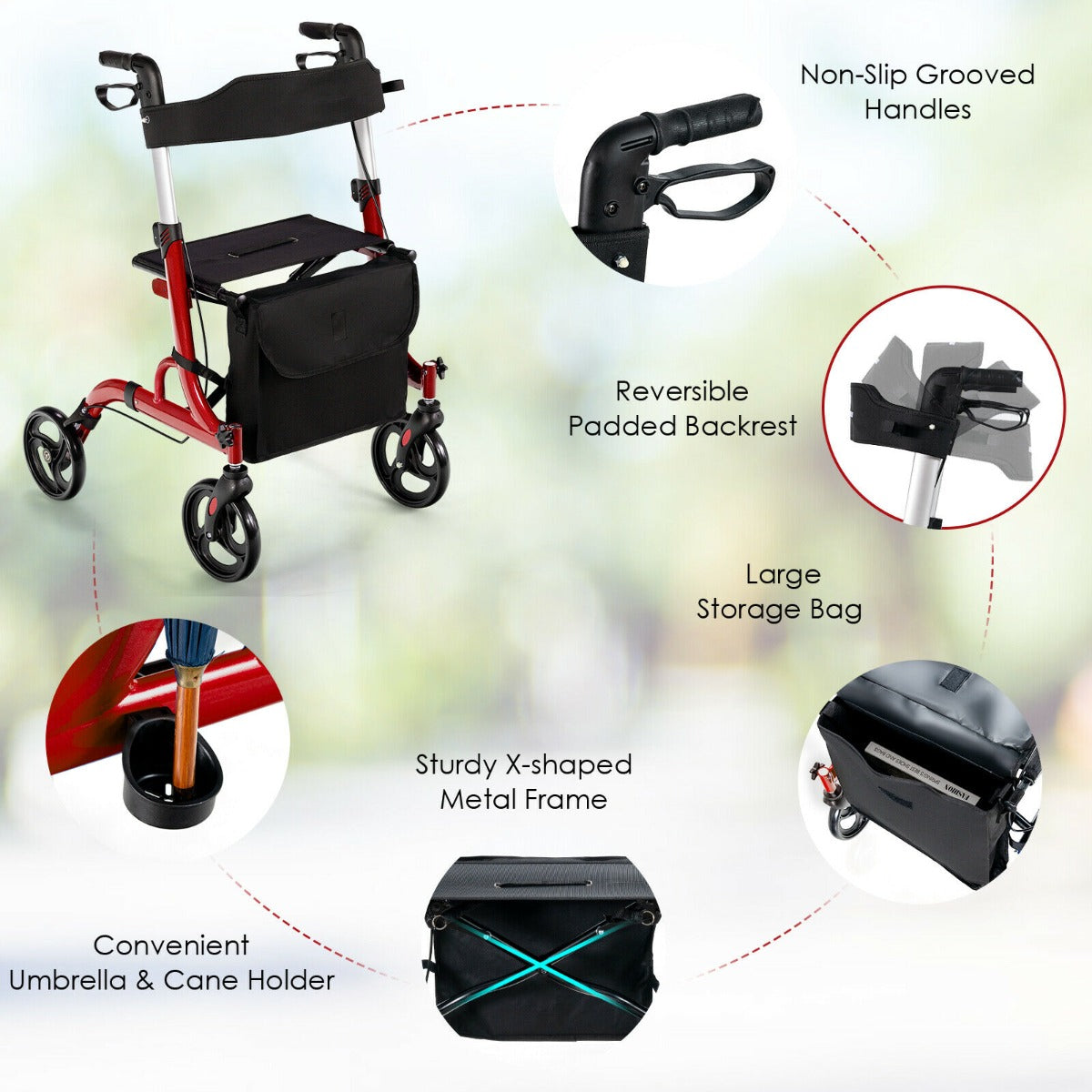 2 in 1 Walker Aluminium Mobility Walking Aid with Seat Adjustable-Red